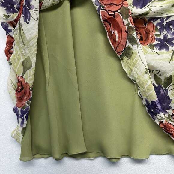 Nine West Silk Y2K Floral V-Neck Flowy Blouse Top Size 10 Green Cream Fairycore - Picture 8 of 13